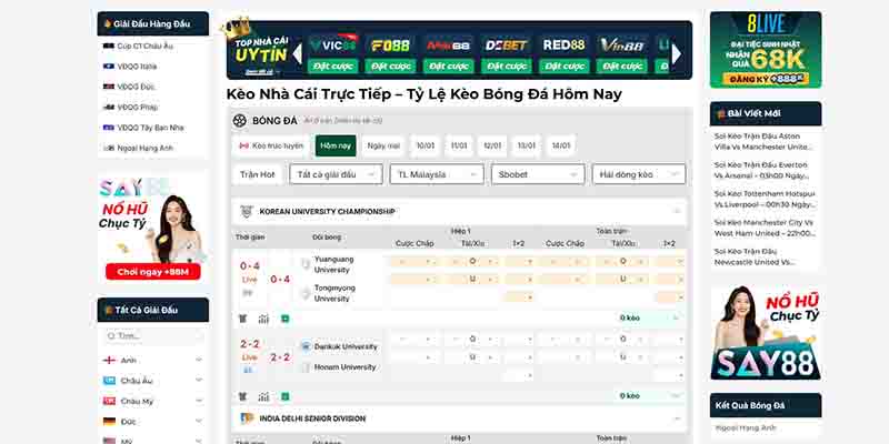 Giao diện hiển thị tỷ lệ kèo nhà cái với cột chấp, tài xỉu và tỷ lệ trả thưởng